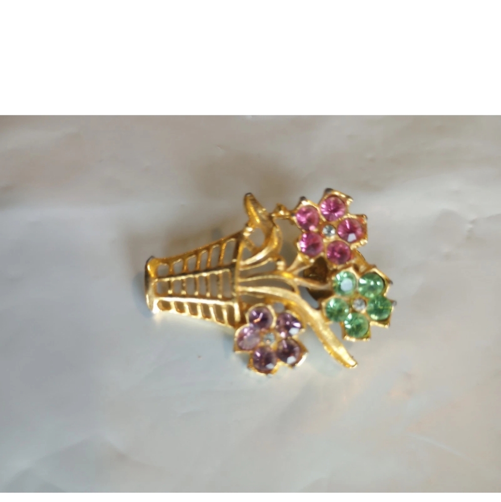 Flower Basket Brooch Pin Unsigned Gold Tone Pink/Green/Purple See Description - Picture 6 of 12